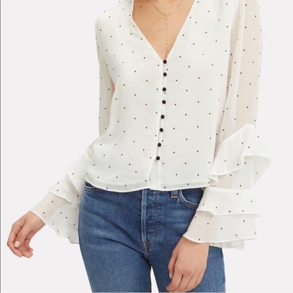INTERMIX | Meena Embellished Silk Blouse Polka Dot Ruffle Sleeves White Black M - Picture 1 of 11